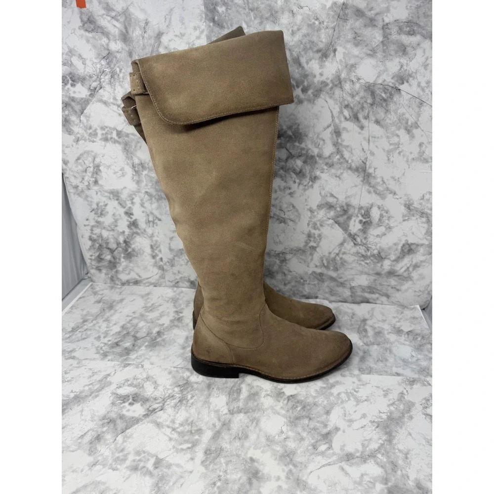 Frye Melissa Over The Knee Boots Tan Suede Boho fold Over Cuff Tall Flat Boot